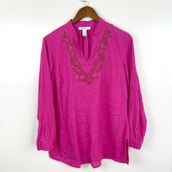 Style&Co 100% Linen Beaded Split V Neck Long Slv Blouse Beach Vacation 10 - Picture 1 of 5